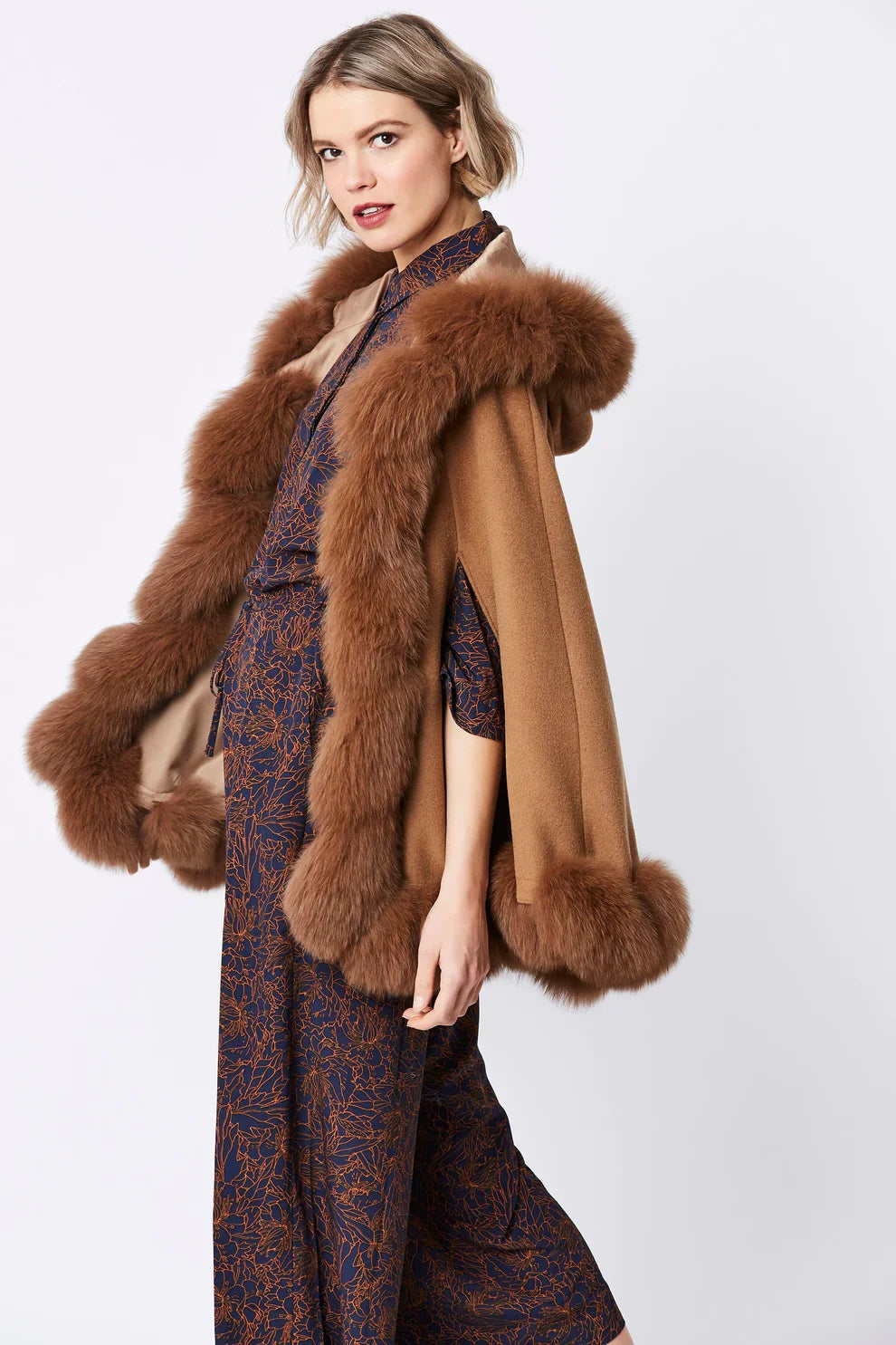 Mocha Cashmere Hooded and Fox Fur Cape Coat-Ponchos & Capes-Buy Me Fur Ltd-One Size-Mocha-Genuine Fox Fur - Cashmere-Urbanheer