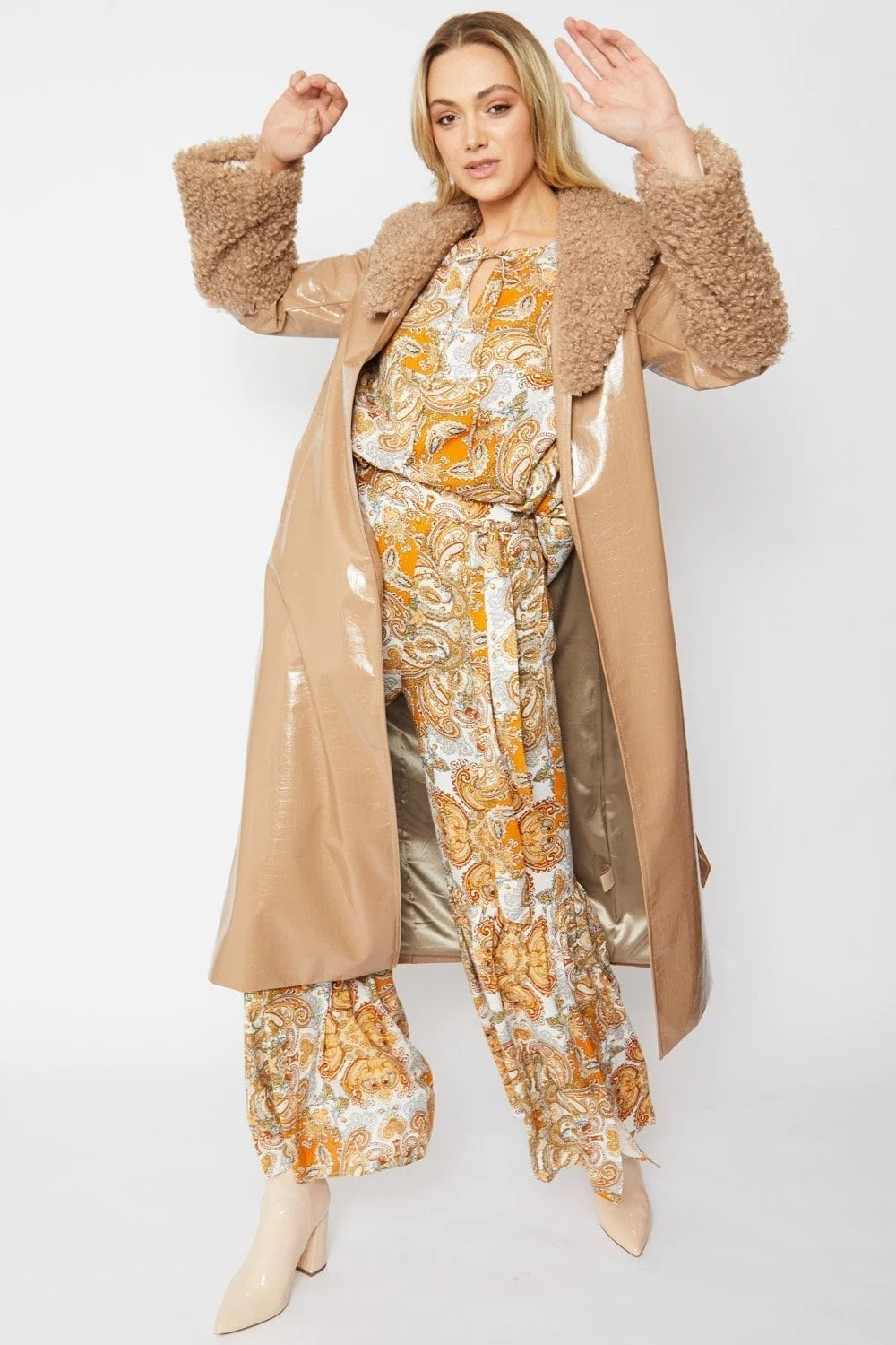 Mocha Faux Leather Trench Coat with Detachable Faux Mongolian Collar and Cuffs-Faux Leather Coats-Buy Me Fur Ltd-One Size-Mocha-Faux Leather-Urbanheer