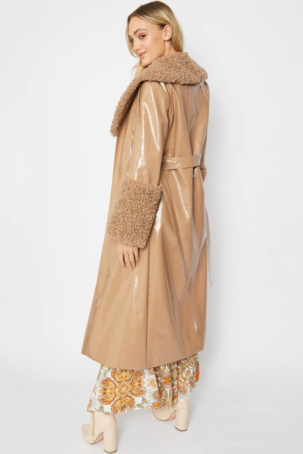 Mocha Faux Leather Trench Coat with Detachable Faux Mongolian Collar and Cuffs-Faux Leather Coats-Buy Me Fur Ltd-One Size-Mocha-Faux Leather-Urbanheer