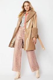 Mocha Faux Leather Trench Coat with Faux Shearling Collar and Cuffs-0