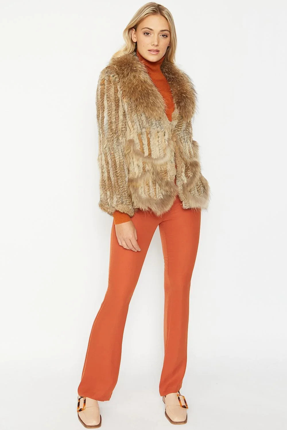 Mocha Scalloped Coney Fur Jacket With Fox Fur Collar-Coney - Fox Fur Jackets-Buy Me Fur Ltd-One Size-Mocha-Genuine Coney & Fox Fur-Urbanheer