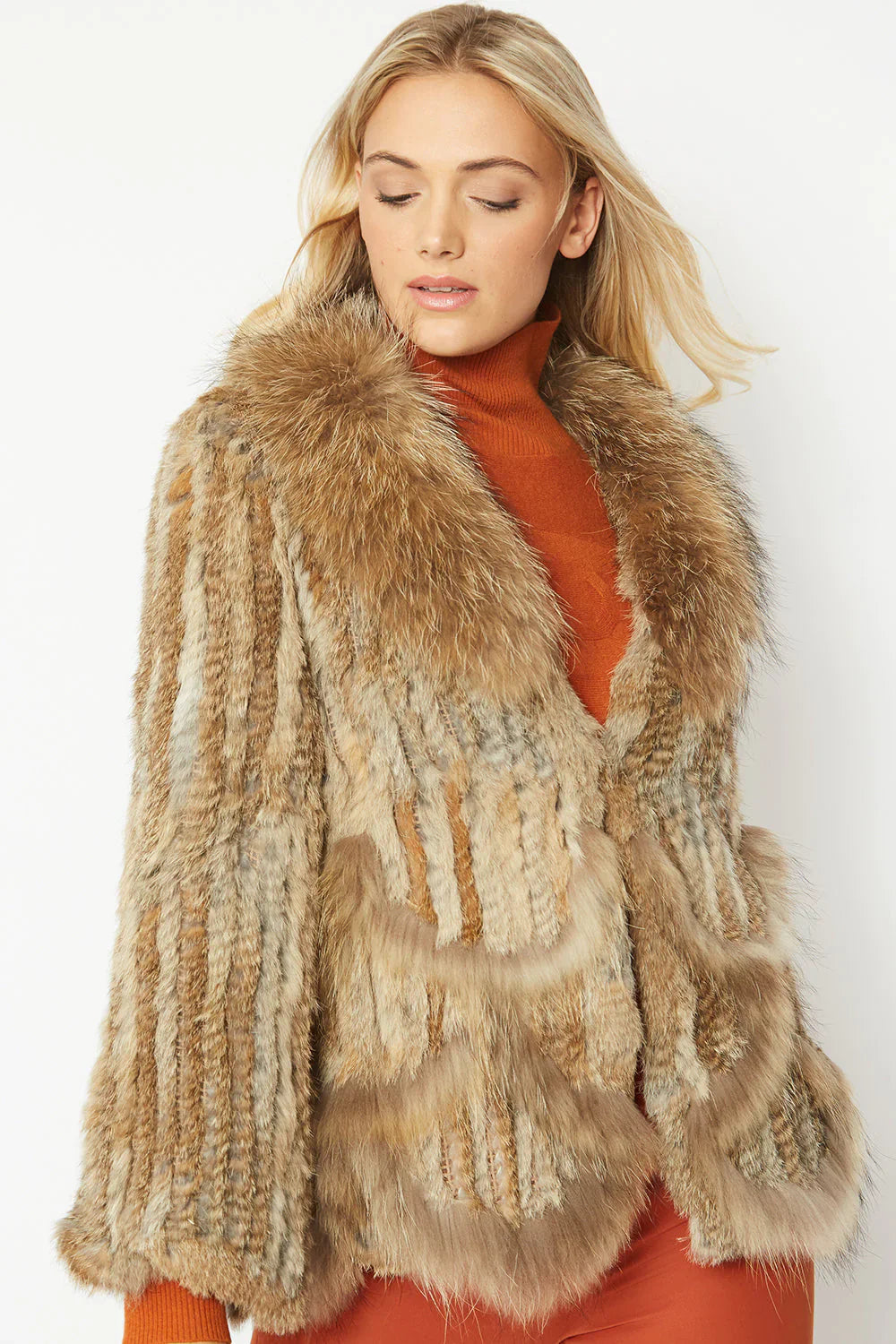 Mocha Scalloped Coney Fur Jacket With Fox Fur Collar-Coney - Fox Fur Jackets-Buy Me Fur Ltd-One Size-Mocha-Genuine Coney & Fox Fur-Urbanheer