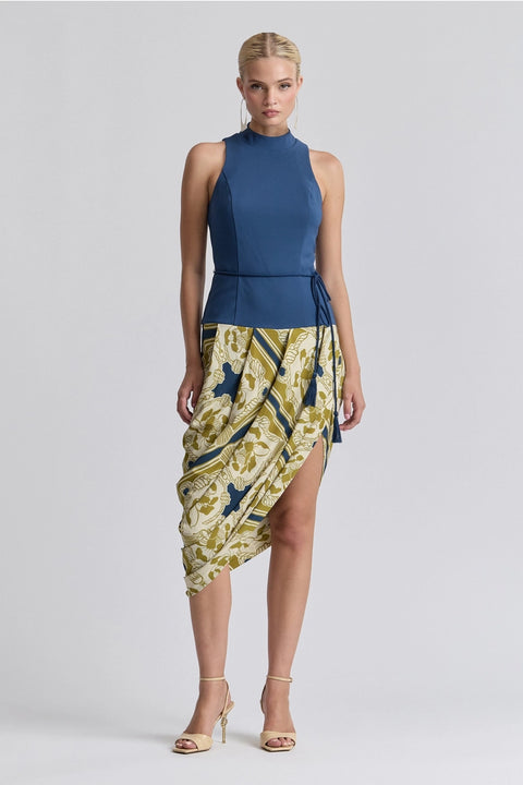 Mock Neck Asymmetric Draped Midi Dress