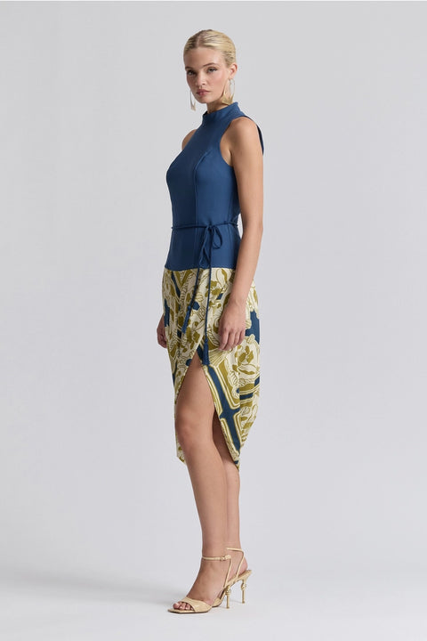 Mock Neck Asymmetric Draped Midi Dress