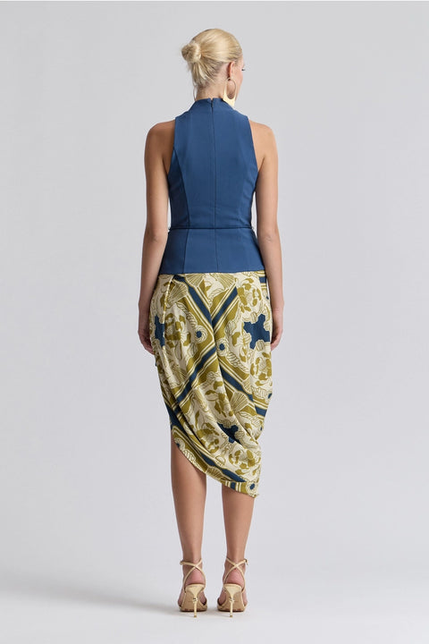 Mock Neck Asymmetric Draped Midi Dress