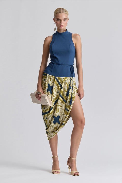Mock Neck Asymmetric Draped Midi Dress