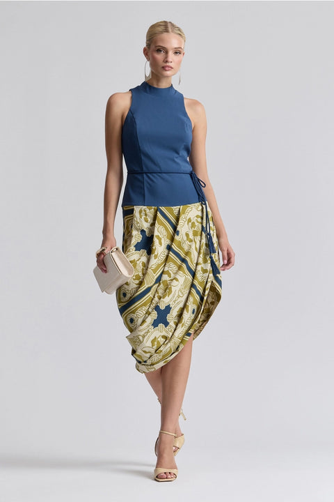 Mock Neck Asymmetric Draped Midi Dress
