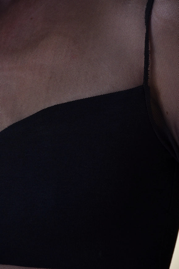 Mock Neck Mesh Cut Out Thigh Slit Ankle Dress Black-Dress-Fore Collection-S-BLACK-Urbanheer