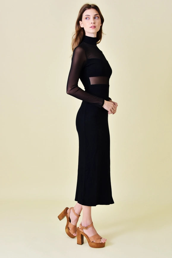 Mock Neck Mesh Cut Out Thigh Slit Ankle Dress Black from Fore Urbanheer Mock Neck Mesh Cut Out Thigh Slit Ankle Dress Black from Fore Urbanheer