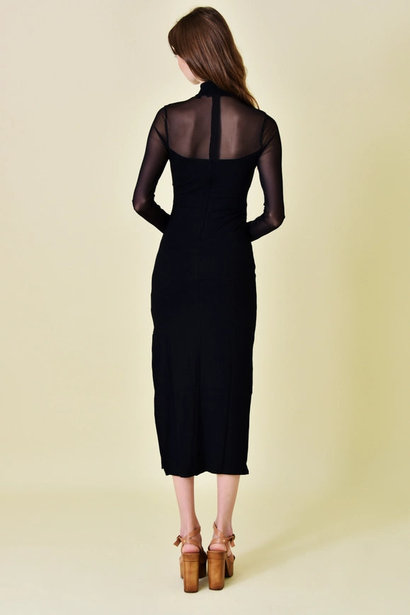Mock Neck Mesh Cut Out Thigh Slit Ankle Dress Black-Dress-Fore Collection-S-BLACK-Urbanheer