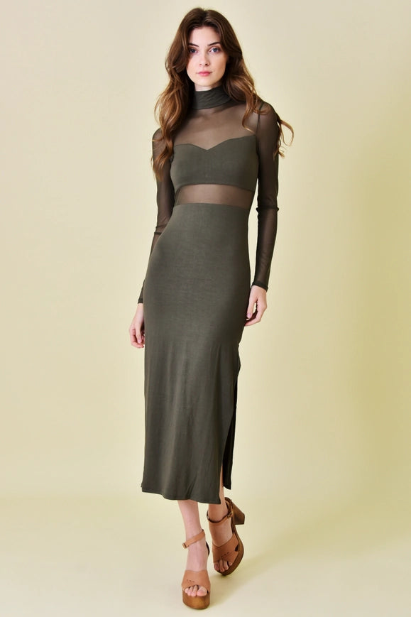 Mock Neck Mesh Cut Out Thigh Slit Ankle DRESS OLIVE-Dress-Fore Collection-S-OLIVE-Urbanheer
