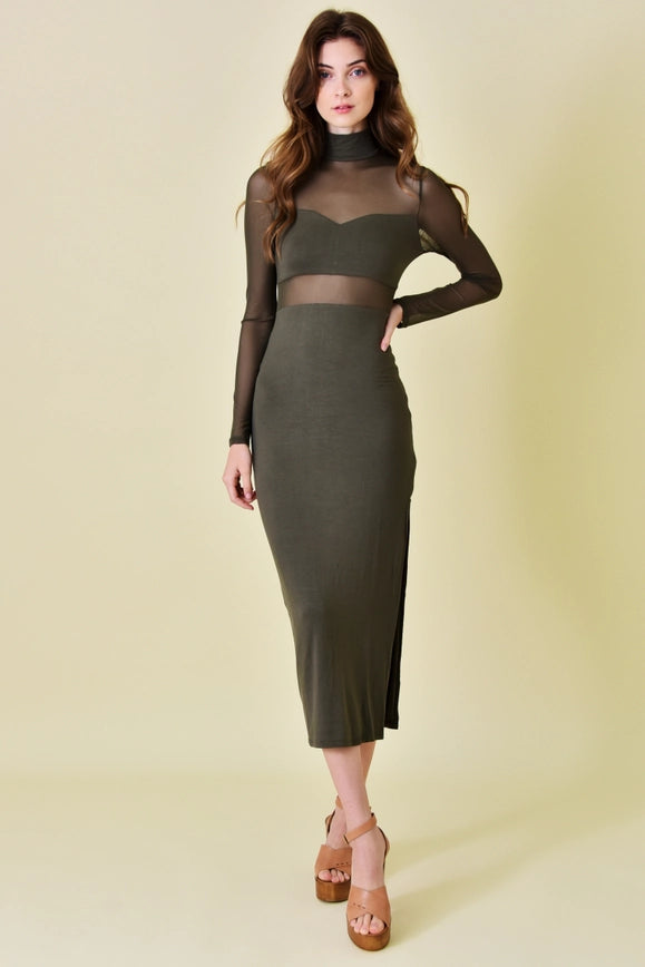 Mock Neck Mesh Cut Out Thigh Slit Ankle DRESS OLIVE-Dress-Fore Collection-Urbanheer