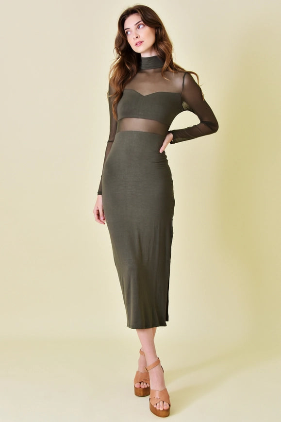 Mock Neck Mesh Cut Out Thigh Slit Ankle DRESS OLIVE-Dress-Fore Collection-Urbanheer