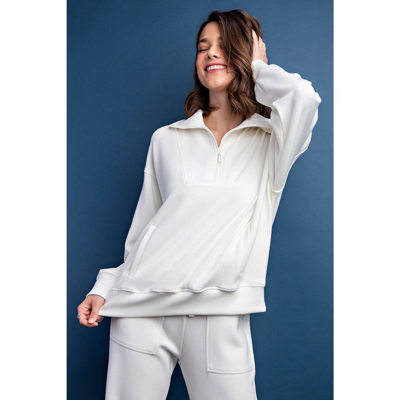 Modal Poly Span Quarter Zip Funnel Neck Pullover Cream-Pullover-Rae Mode-S-Urbanheer