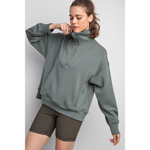 Modal Poly Span Quarter Zip Funnel Neck Pullover Sage Leaf-Pullover-Rae Mode-S-Urbanheer