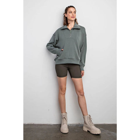 Modal Poly Span Quarter Zip Funnel Neck Pullover Sage Leaf-Pullover-Rae Mode-S-Urbanheer