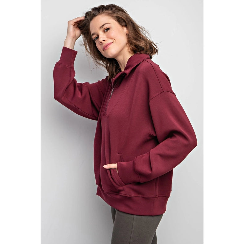 Modal Poly Span Quarter Zip Funnel Neck Pullover Wine-Pullover-Rae Mode-S-Urbanheer