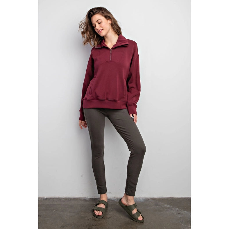 Modal Poly Span Quarter Zip Funnel Neck Pullover Wine-Pullover-Rae Mode-S-Urbanheer