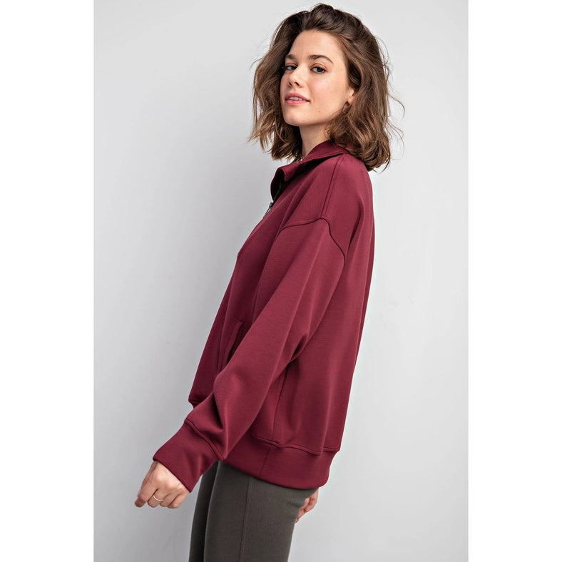 Modal Poly Span Quarter Zip Funnel Neck Pullover Wine-Pullover-Rae Mode-S-Urbanheer