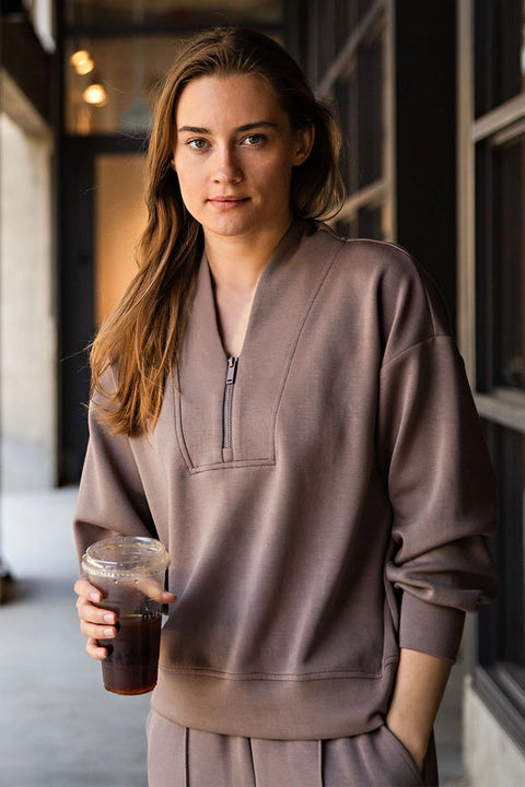 Modal Poly Span Scuba Luxe Half Zip Jacket Mocha-Jacket-Rae Mode-S-Urbanheer