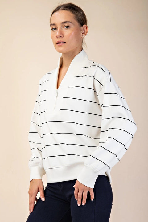 Modal Poly Span Scuba Stripe V-Neck Jacket Cream/Black-Jacket-Rae Mode-S-Urbanheer