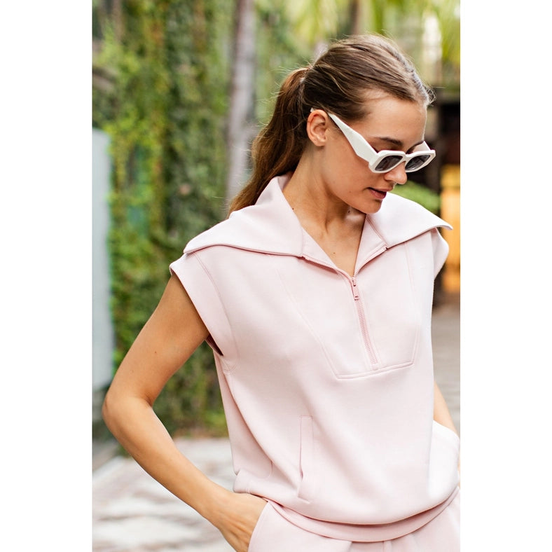 Modal Poly Span Short Sleeve Quarter Zip Top Baby Pink-Top-Rae Mode-S-Urbanheer
