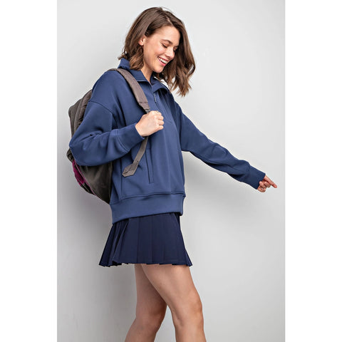 Modal Scuba Quarter Zip Funnel Neck Pullover - Smoky Navy
