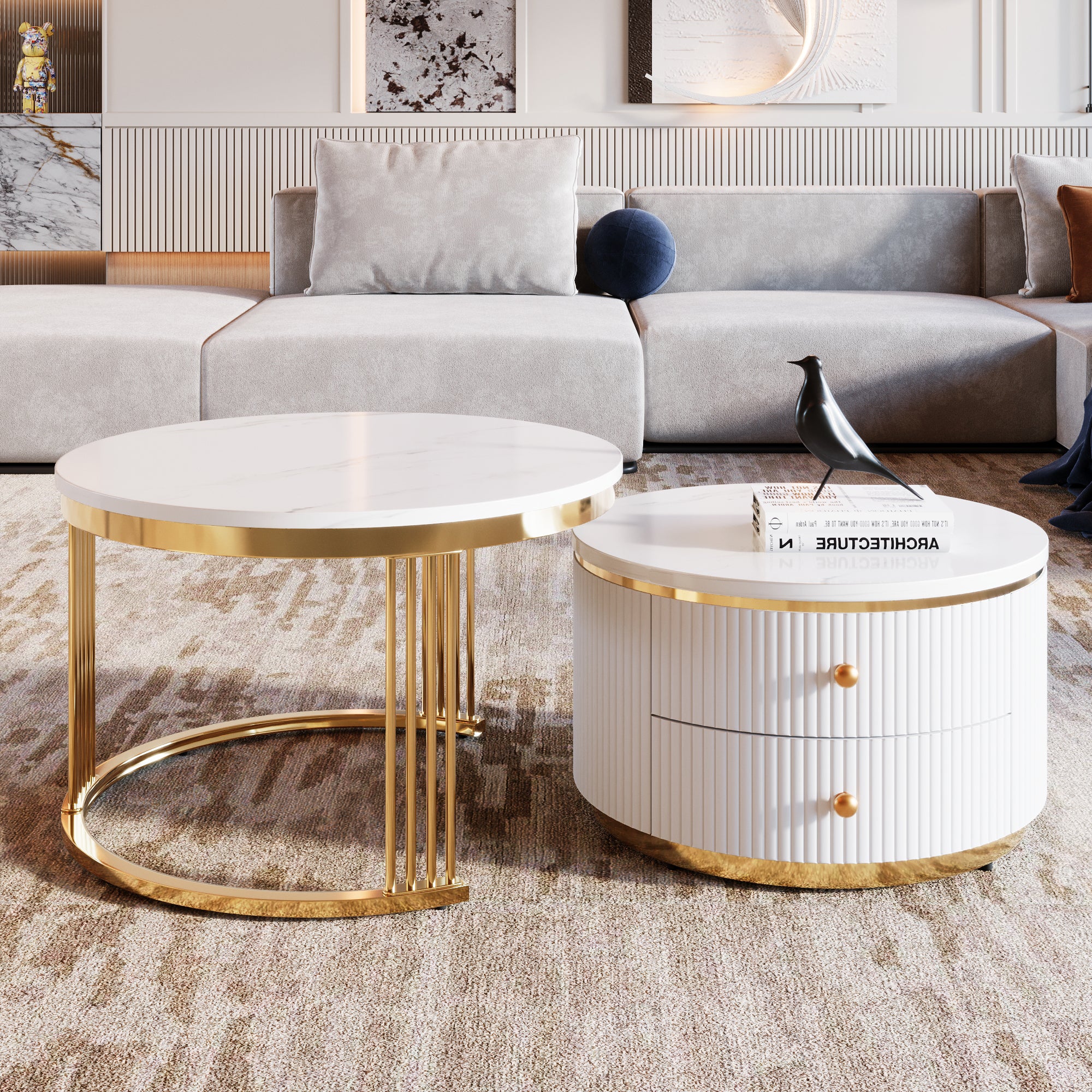 Modern 2 Pieces White Round Nesting  Coffee Table
