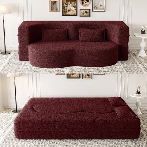 Modern Convertible Teddy Fabric Floor Sofa Bed with 2 Pillows – Burgundy
