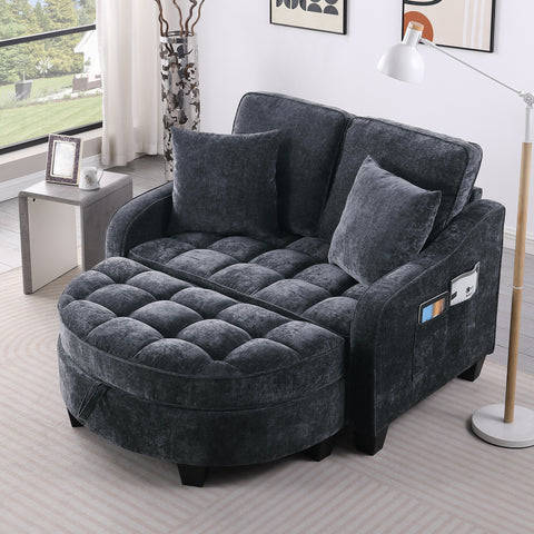 Modern Corduroy Loveseat Sofa with Storage Ottoman - Black