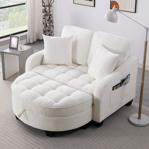 Modern Corduroy Loveseat Sofa with Storage Ottoman - White