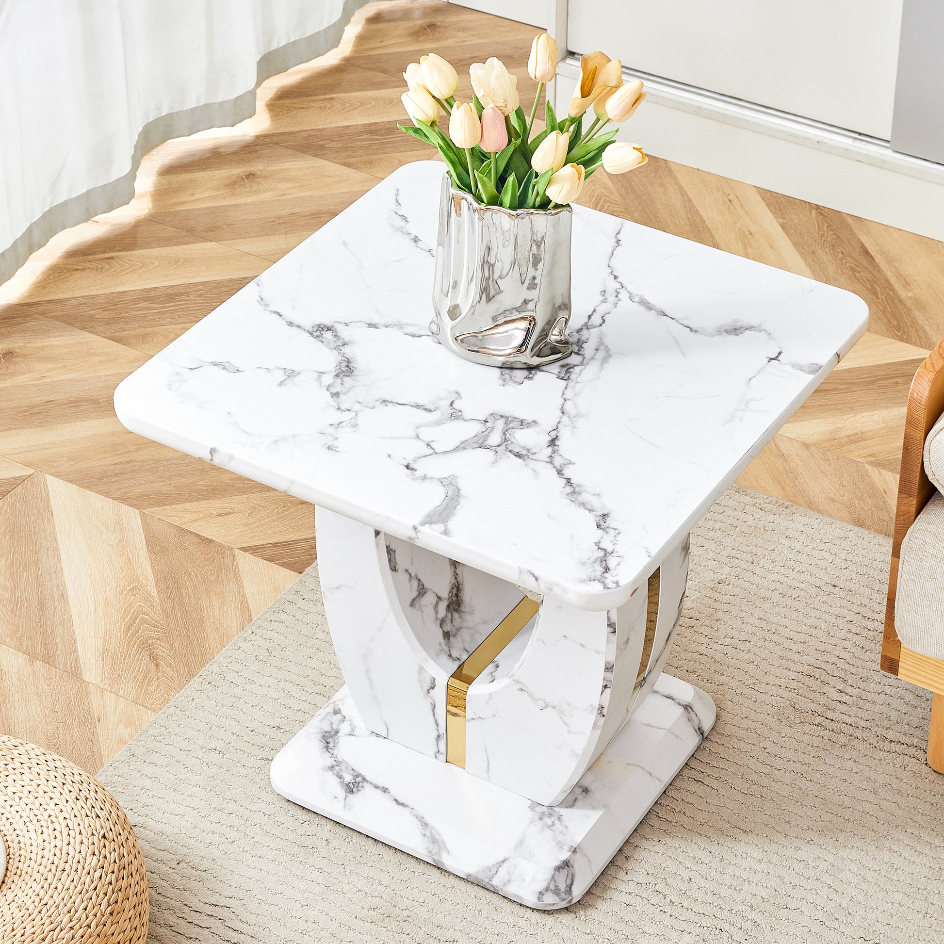 Modern Minimalist White Marble-Patterned MDF Square Coffee Table. Add a quiet and cozy atmosphere to-UH Decor-Default-Urbanheer