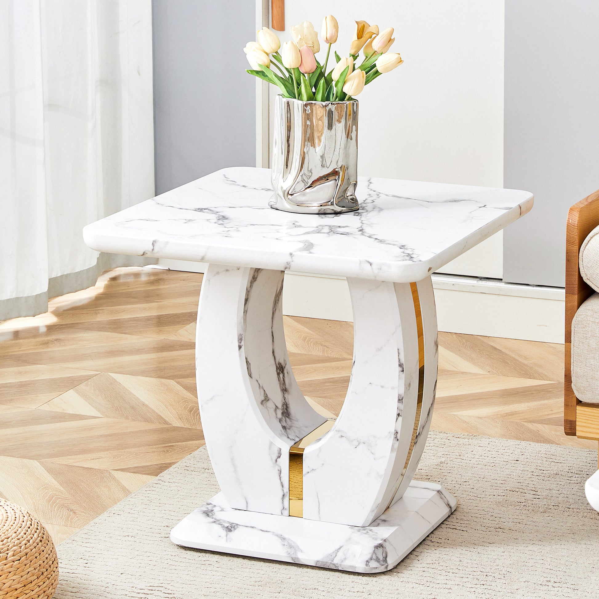 Modern Minimalist White Marble-Patterned MDF Square Coffee Table. Add a quiet and cozy atmosphere to-UH Decor-Default-Urbanheer