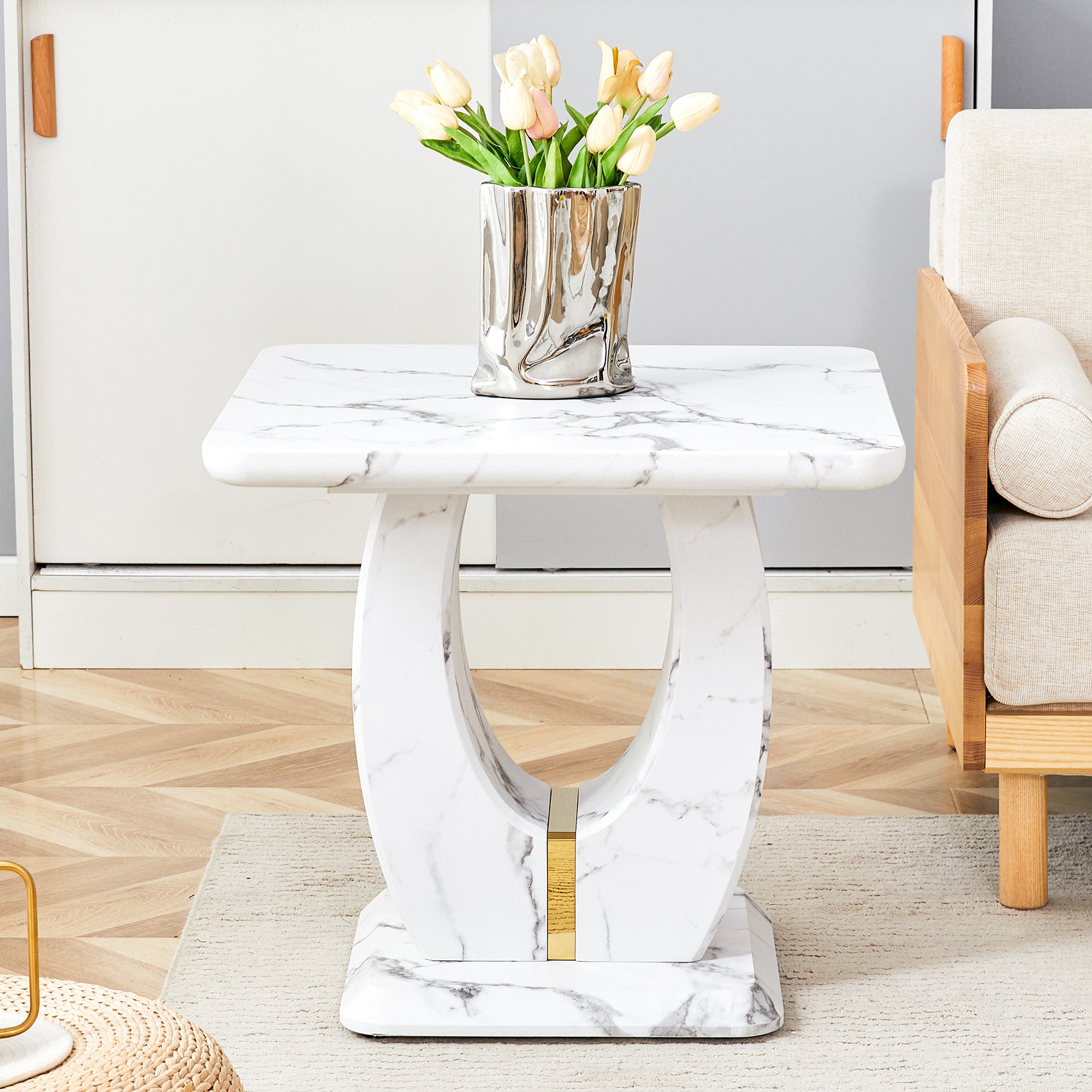 Modern Minimalist White Marble-Patterned MDF Square Coffee Table. Add a quiet and cozy atmosphere to-UH Decor-Default-Urbanheer