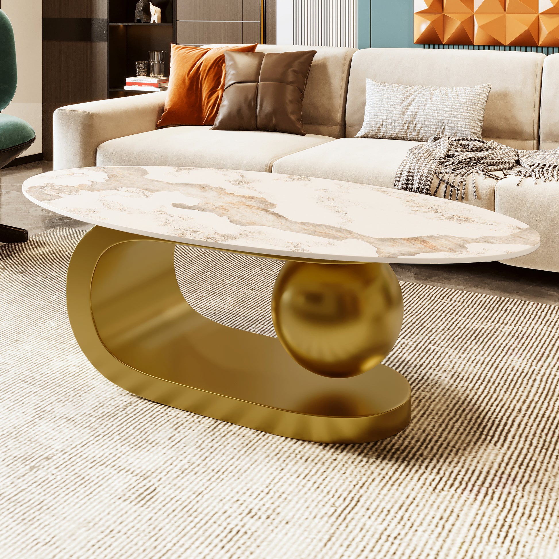 Modern Oval Coffee Table for Living Room, Marble Pattern Sintered Stone Coffee Tabletop with Gold-UH Decor-Default-Urbanheer