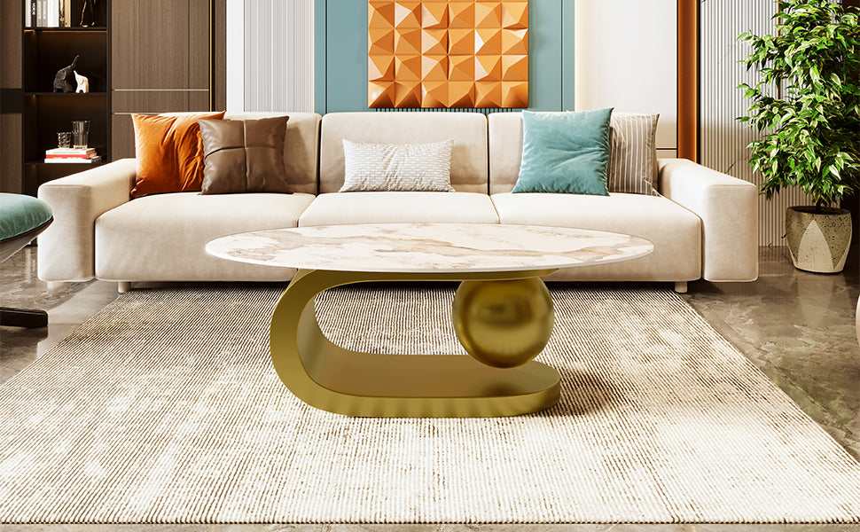 Modern Oval Coffee Table for Living Room, Marble Pattern Sintered Stone Coffee Tabletop with Gold-UH Decor-Default-Urbanheer