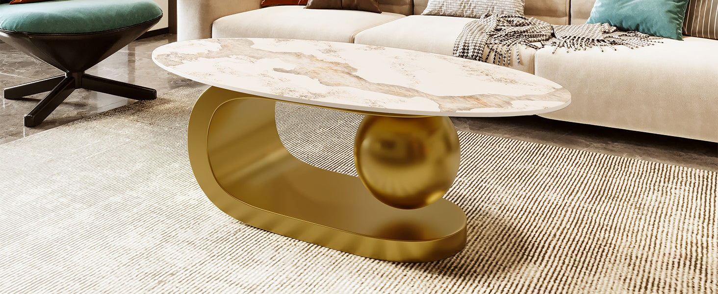 Modern Oval Coffee Table for Living Room, Marble Pattern Sintered Stone Coffee Tabletop with Gold-UH Decor-Default-Urbanheer