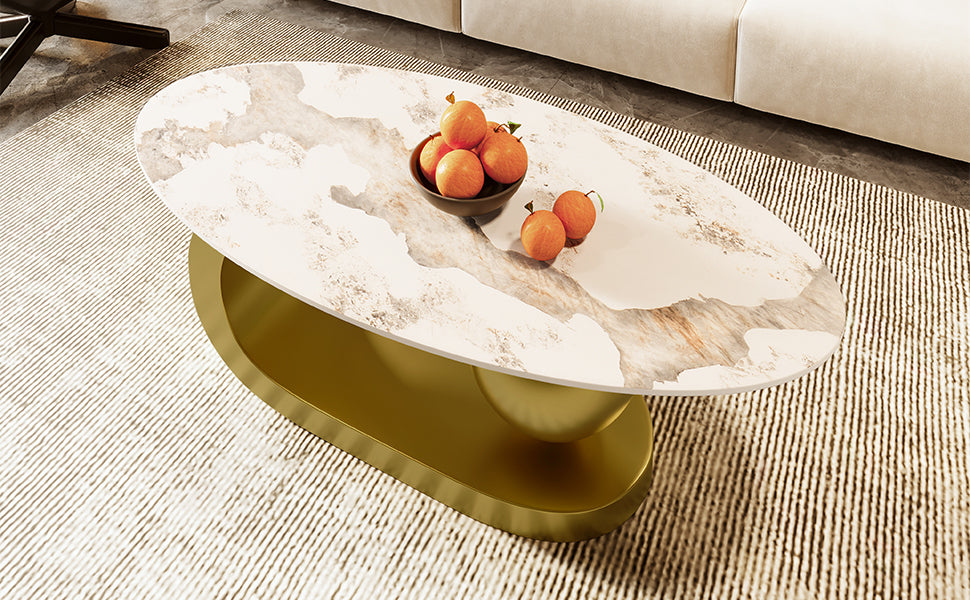 Modern Oval Coffee Table for Living Room, Marble Pattern Sintered Stone Coffee Tabletop with Gold-UH Decor-Default-Urbanheer