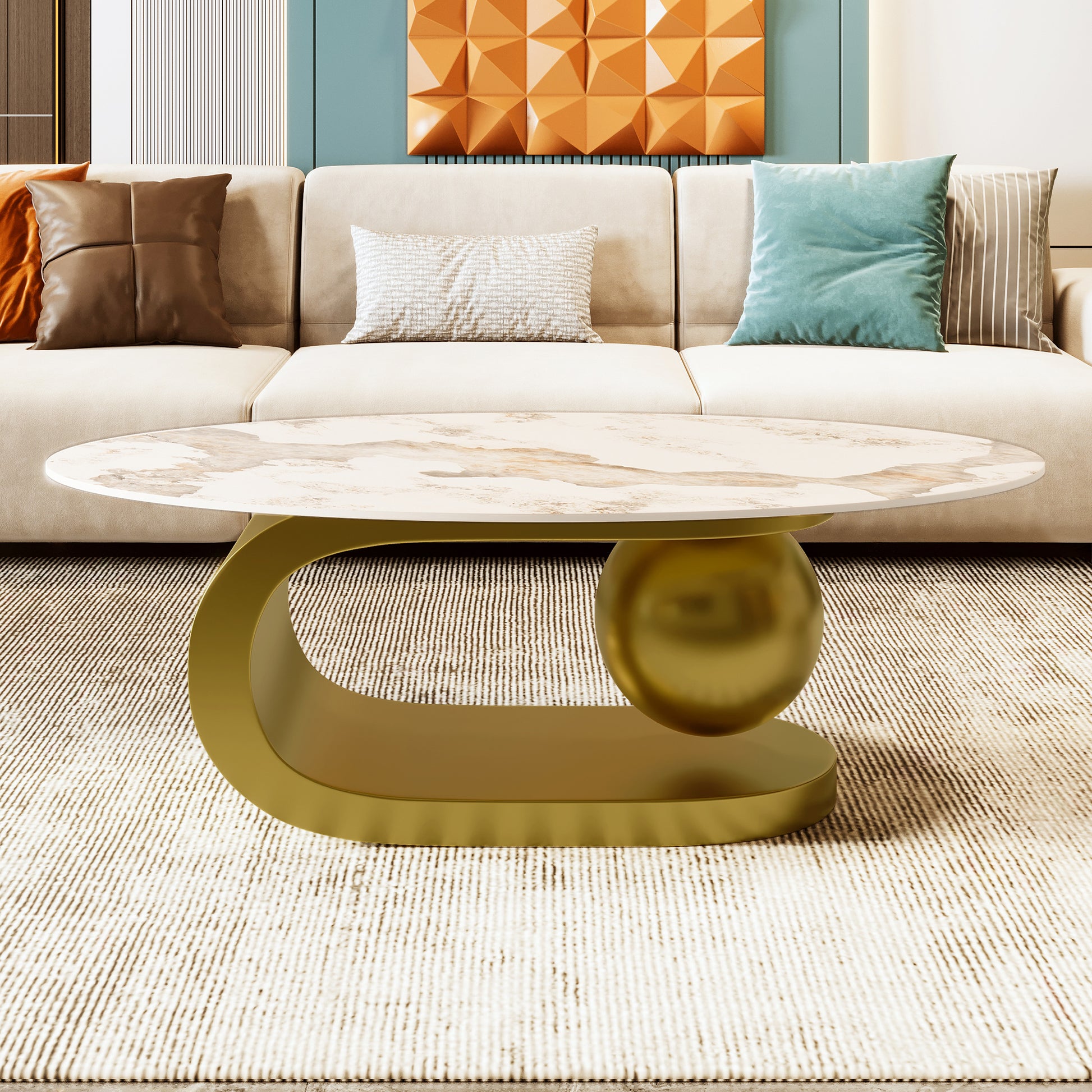 Modern Oval Coffee Table for Living Room, Marble Pattern Sintered Stone Coffee Tabletop with Gold-UH Decor-Default-Urbanheer