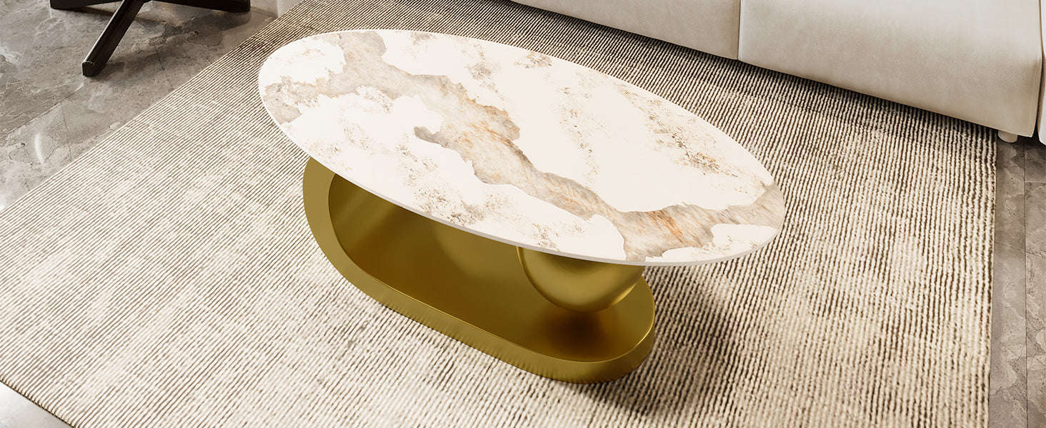 Modern Oval Coffee Table for Living Room, Marble Pattern Sintered Stone Coffee Tabletop with Gold-UH Decor-Default-Urbanheer