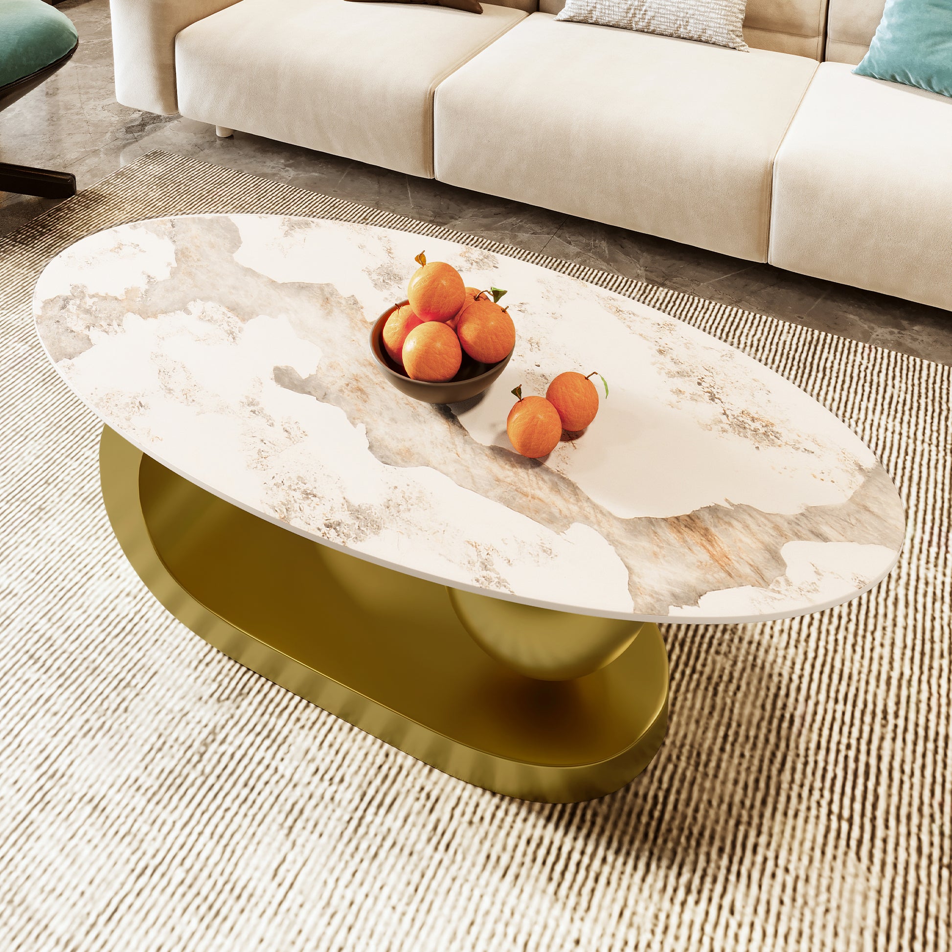 Modern Oval Coffee Table for Living Room, Marble Pattern Sintered Stone Coffee Tabletop with Gold-UH Decor-Default-Urbanheer