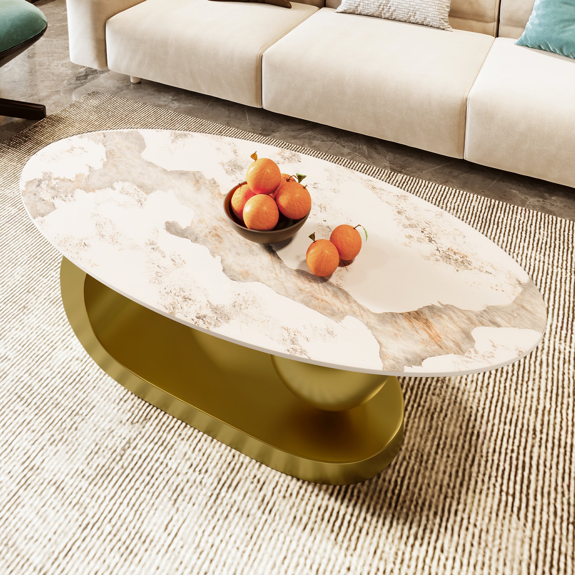 Modern Oval Coffee Table for Living Room, Marble Pattern Sintered Stone Coffee Tabletop with Gold-UH Decor-Default-Urbanheer