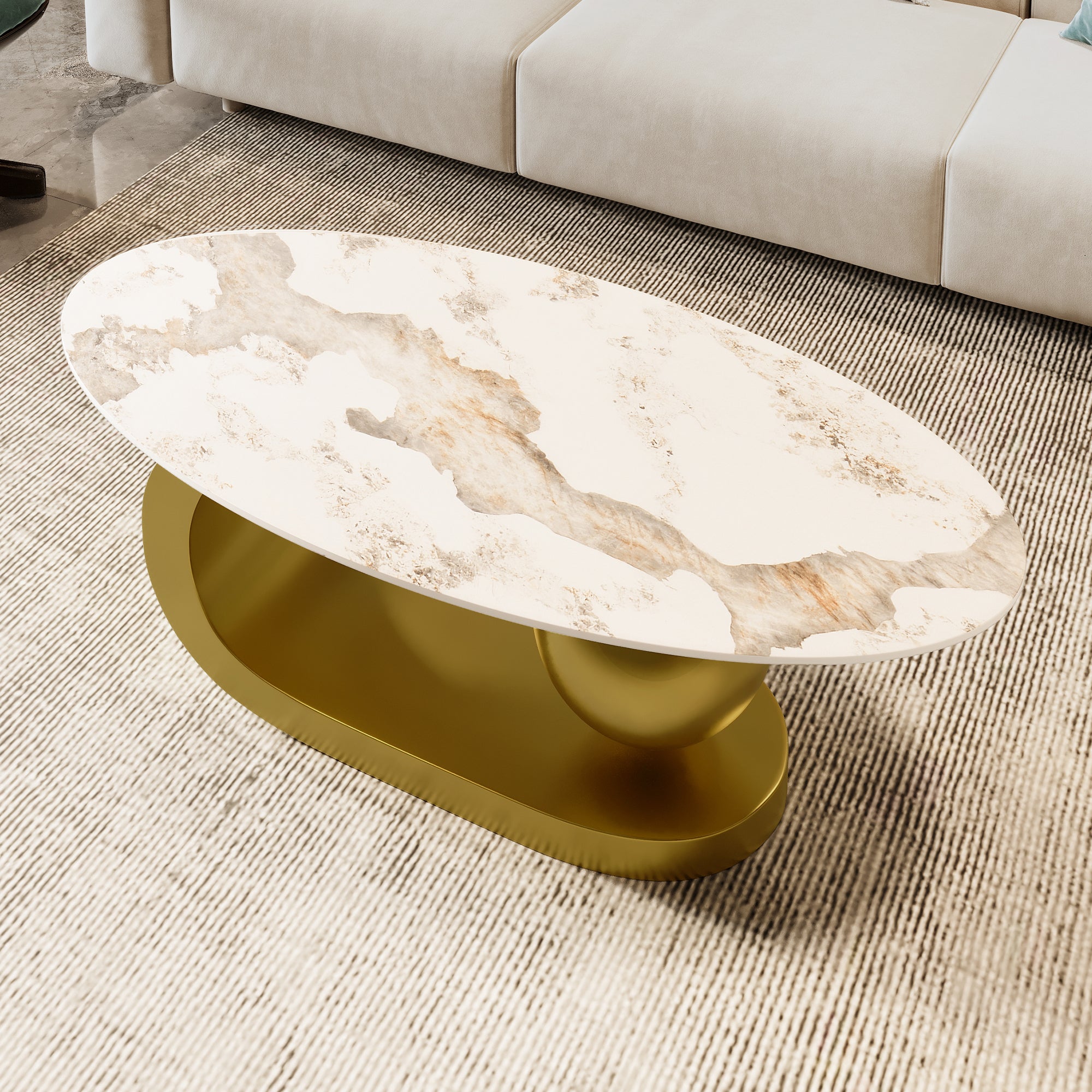 Modern Oval Coffee Table for Living Room, Marble Pattern Sintered Stone Coffee Tabletop with Gold-UH Decor-Default-Urbanheer