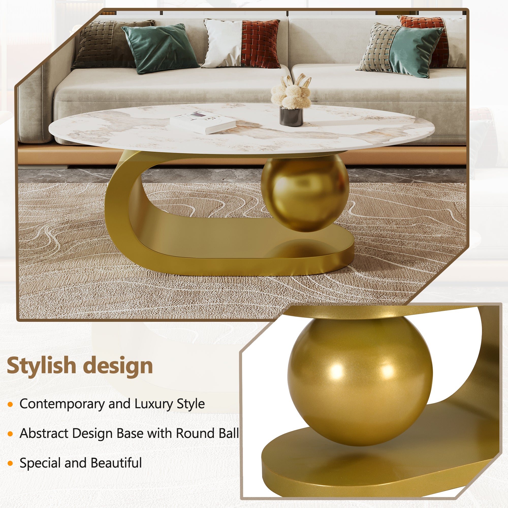 Modern Oval Coffee Table for Living Room, Marble Pattern Sintered Stone Coffee Tabletop with Gold-UH Decor-Default-Urbanheer
