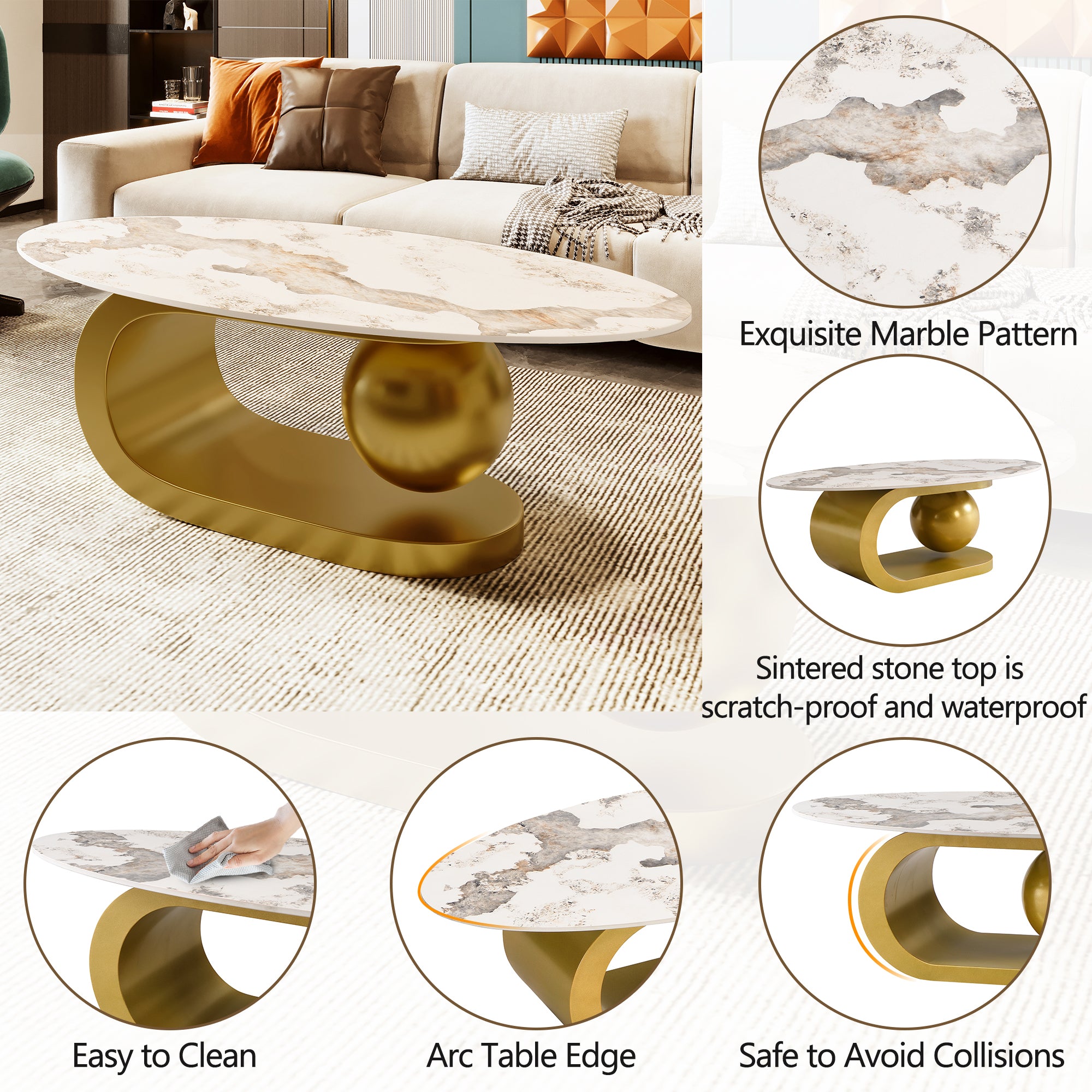 Modern Oval Coffee Table for Living Room, Marble Pattern Sintered Stone Coffee Tabletop with Gold-UH Decor-Default-Urbanheer