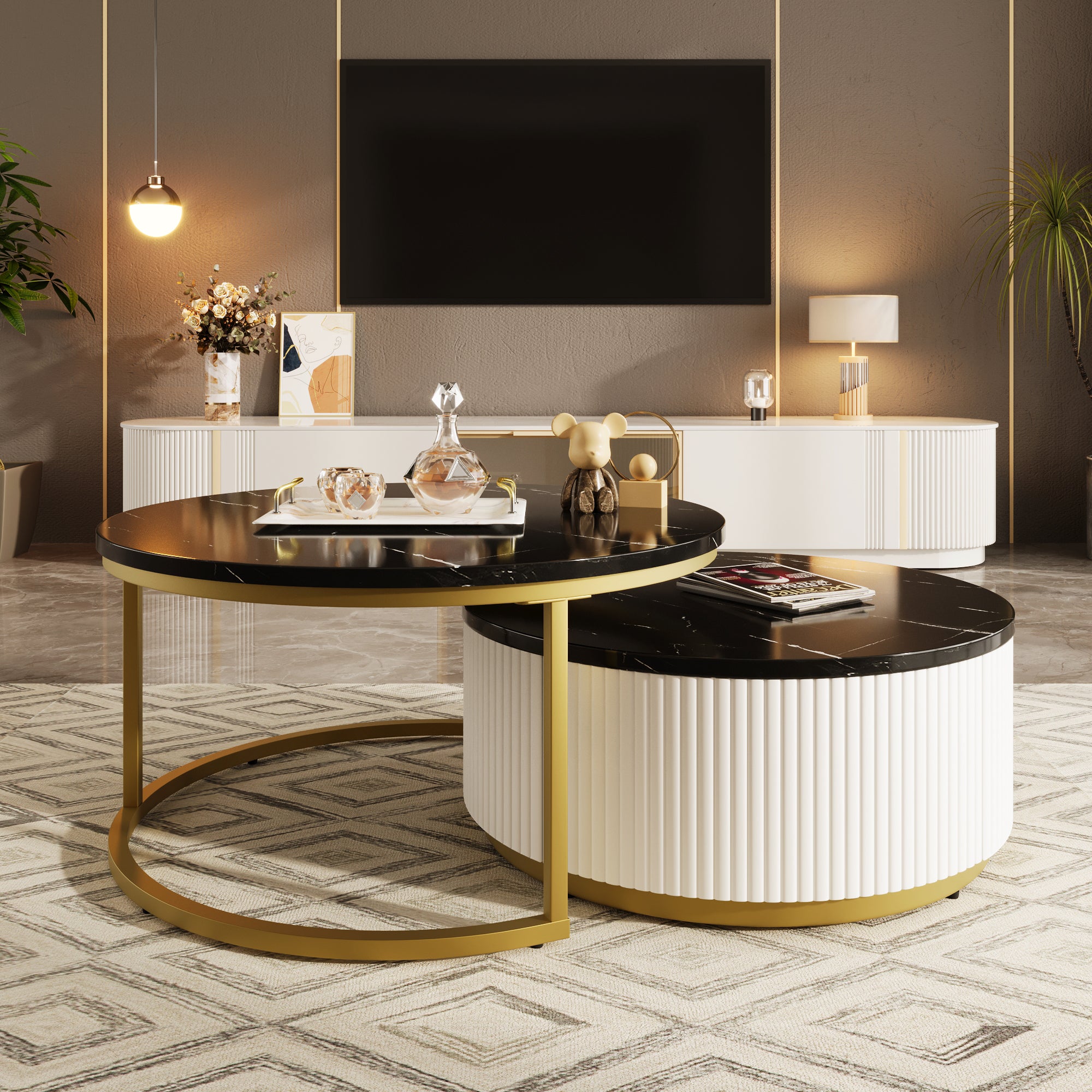 Modern Round Nesting Coffee Table Fluted with
