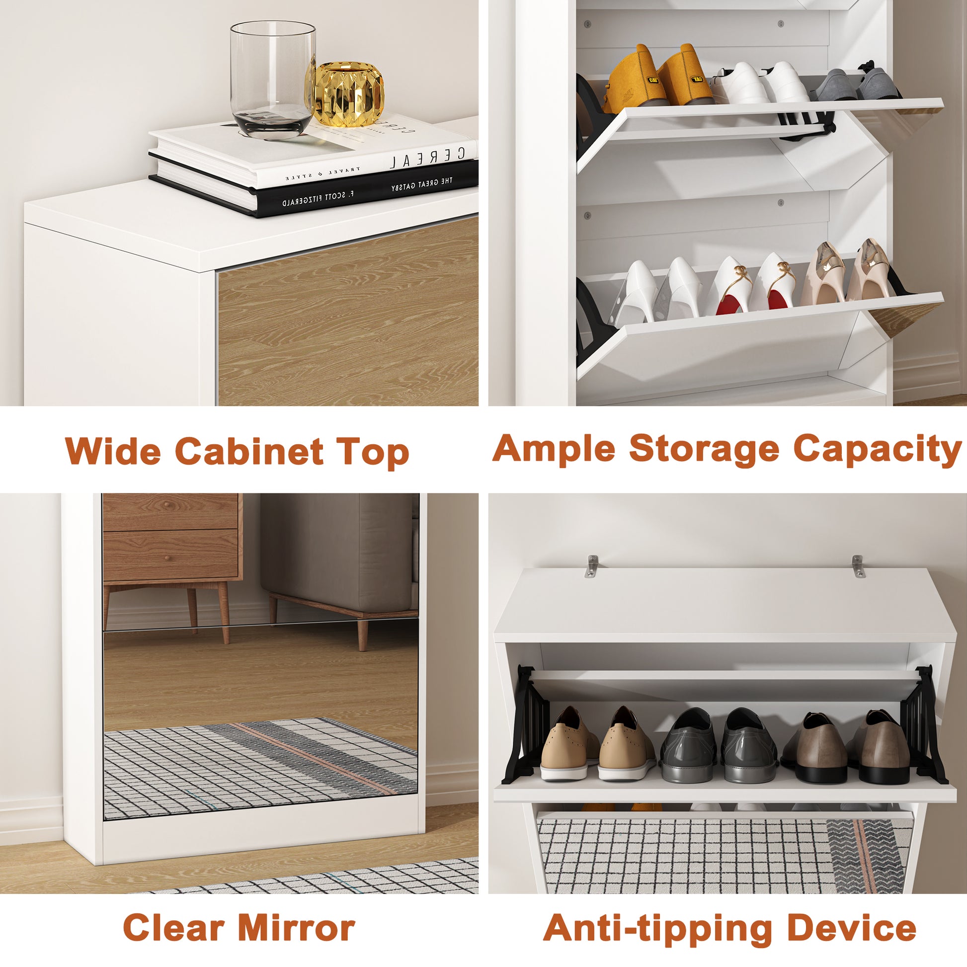 Modern Shoe Cabinet with Small Mirror Edge Gap, Mirror Shoe Rack Organizer with 3 Flip Drawers, Shoe-UH Decor-Default-Urbanheer