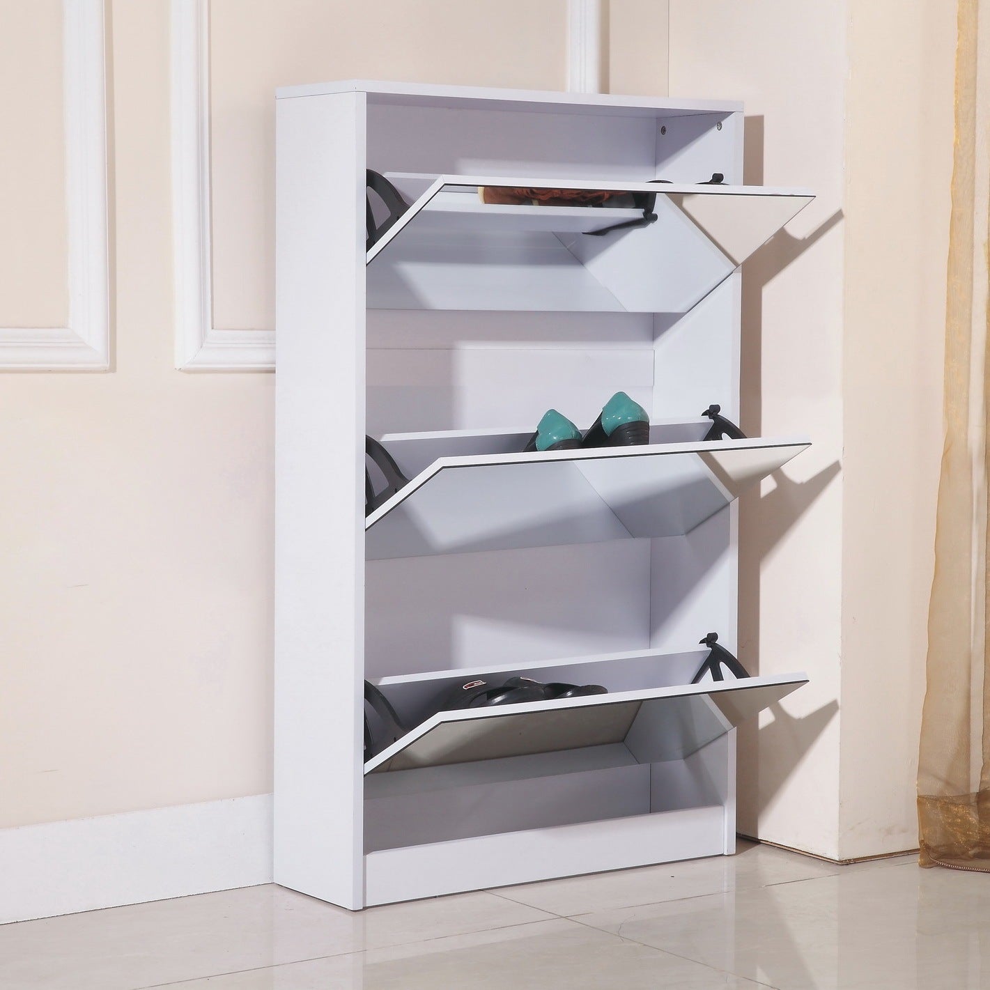 Modern Shoe Cabinet with Small Mirror Edge Gap, Mirror Shoe Rack Organizer with 3 Flip Drawers, Shoe-UH Decor-Default-Urbanheer