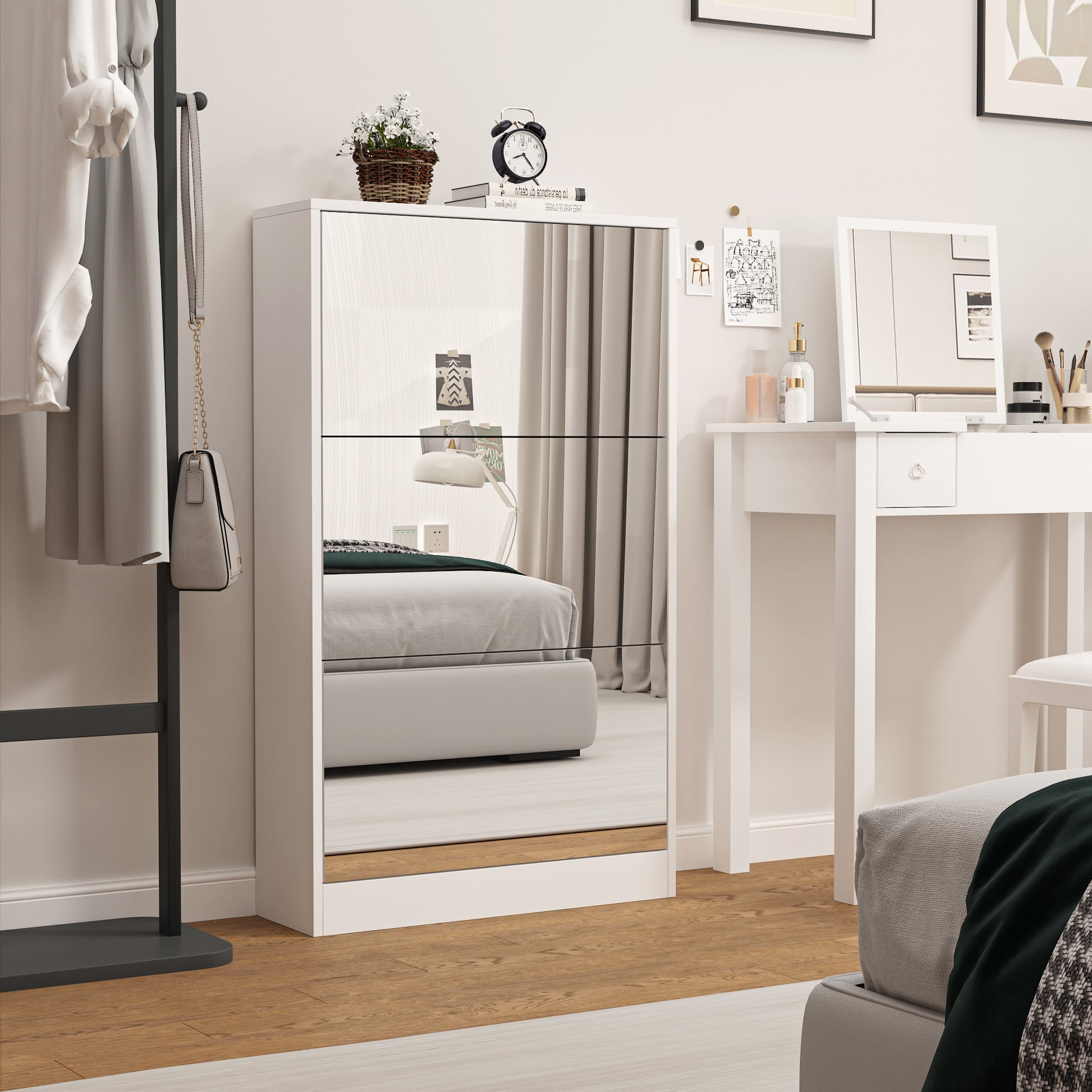 Modern Shoe Cabinet with Small Mirror Edge Gap, Mirror Shoe Rack Organizer with 3 Flip Drawers, Shoe-UH Decor-Default-Urbanheer