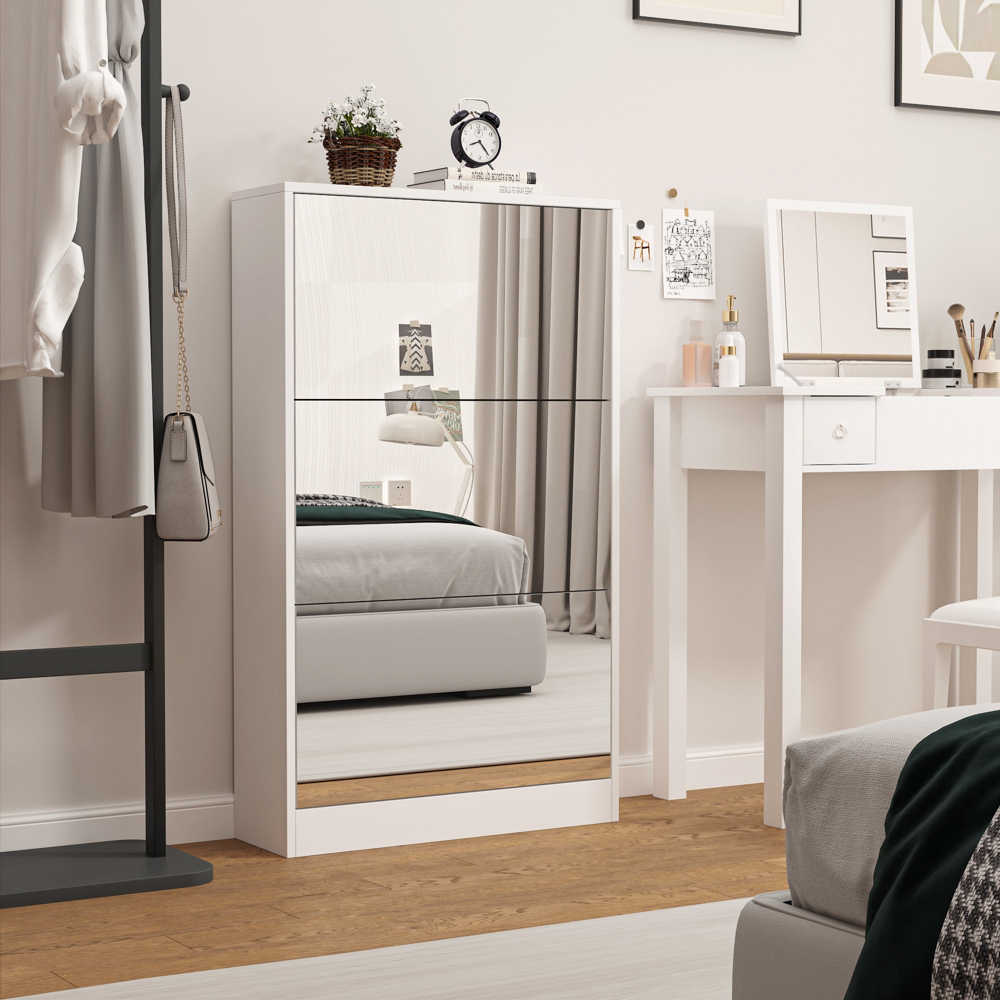 Modern Shoe Cabinet with Small Mirror Edge Gap, Mirror Shoe Rack Organizer with 3 Flip Drawers, Shoe-UH Decor-Default-Urbanheer